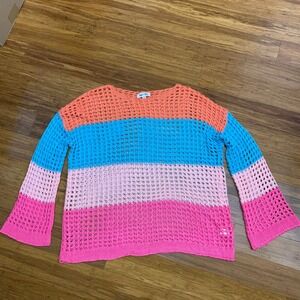 Sewn + Seen Colorful Striped Crochet Knit Sweater Womens Size Medium Bell Sleeve